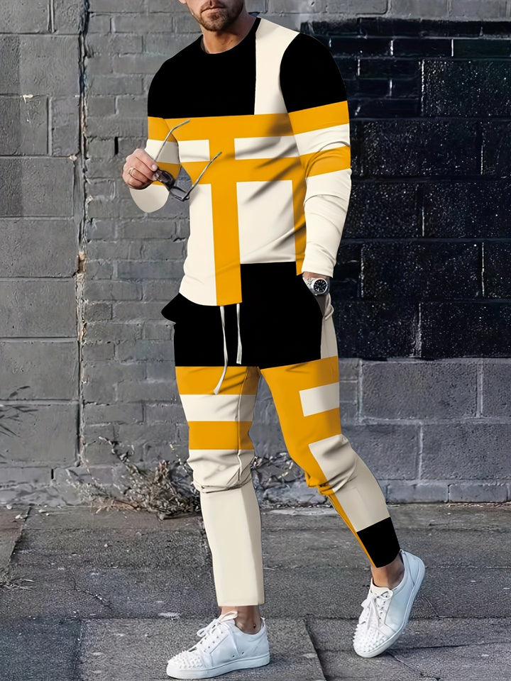 Color Block Men's 2Pcs Outfits, Casual Crew Neck Long Sleeve T-shirt And Drawstring Sweatpants Joggers Set For Winter Fall, Men's Clothing