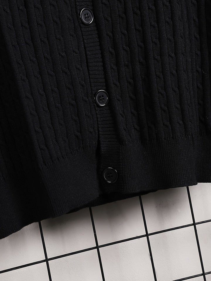 Elegant High Stretch Knit Cable Cardigan Vest, Men's Casual Vintage Style V Neck Button Up Cardigan Vest For Fall Winter