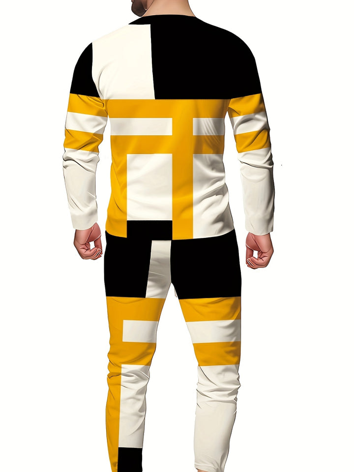 Color Block Men's 2Pcs Outfits, Casual Crew Neck Long Sleeve T-shirt And Drawstring Sweatpants Joggers Set For Winter Fall, Men's Clothing