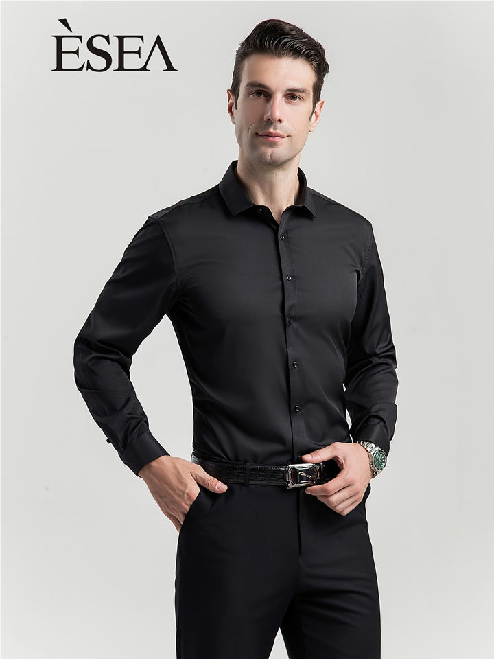 ESEA Men's Europe And The United States Dress Shirt Conventional Version Of Pure-color Non-pocket Wrinkle-free Business Casual Slim Long-sleeved Shirt Elastic Europe And The United States Plus-size Button-up Commuter Dress Shirt Jacket