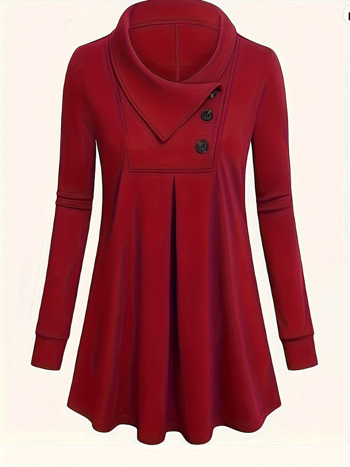 Solid Button Front Pleated Top, Casual Long Sleeve Top For Spring & Fall, Women's Clothing