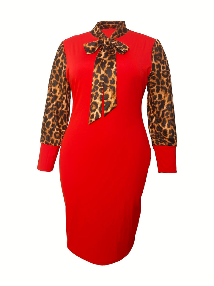 Plus Size Elegant Dress, Women's Plus Leopard Print Raglan Sleeve Tie Neck Bodycon Formal Dress