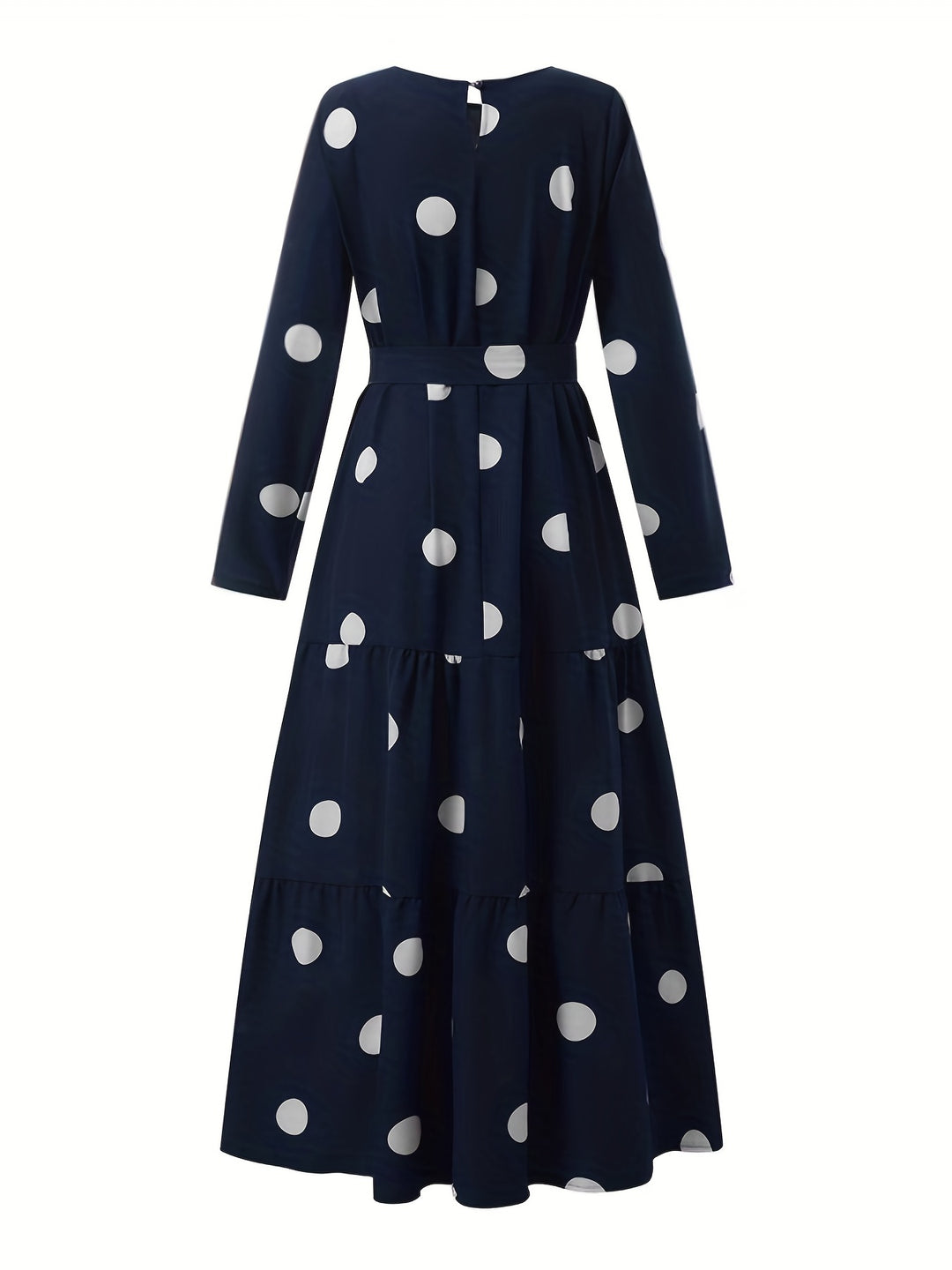 Polk -dot Print Tie Waist Abayas, Elegant Long Sleeve Ruffle Hem Maxi Dress, Women's Clothing