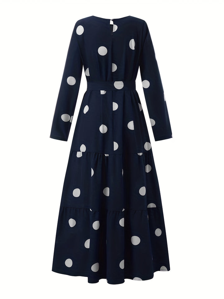 Polk -dot Print Tie Waist Abayas, Elegant Long Sleeve Ruffle Hem Maxi Dress, Women's Clothing