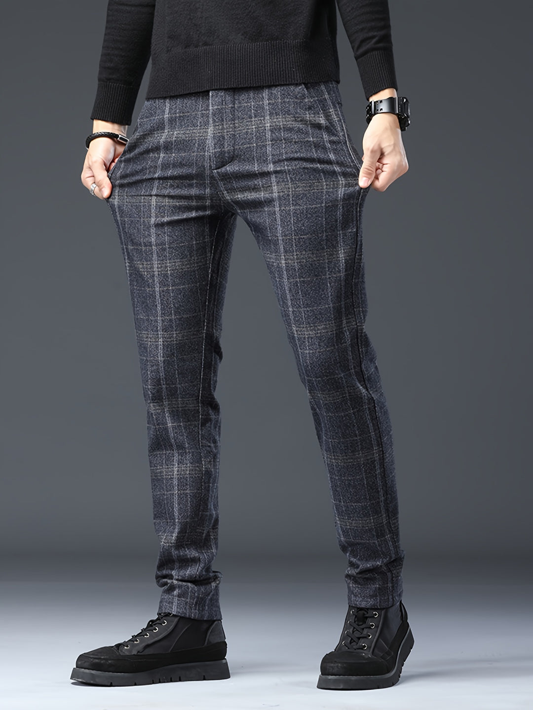 Men's Casual Retro Plaid Slim Fit Trousers For Fall Winter Leisure Activities