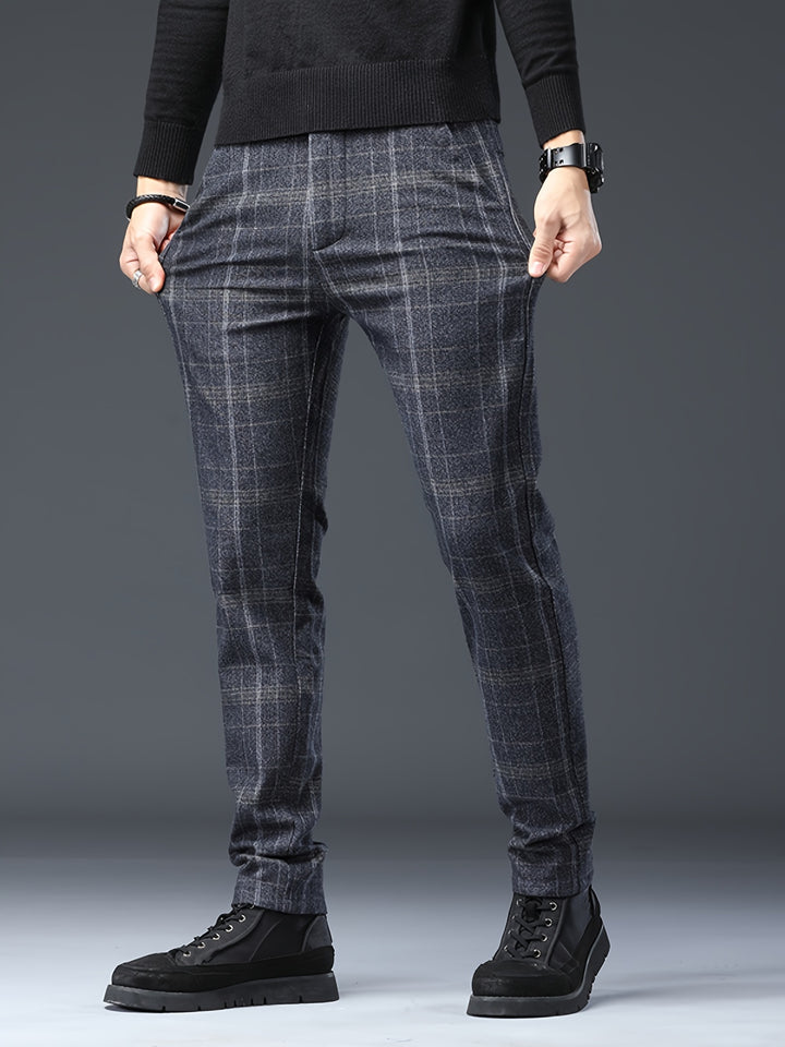 Men's Casual Retro Plaid Slim Fit Trousers For Fall Winter Leisure Activities