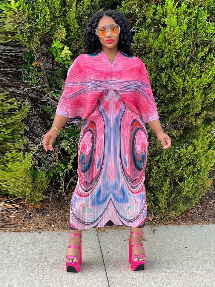 Color Block Batwing Sleeve Dress, Casual V Neck Bodycon Maxi Dress, Women's Clothing