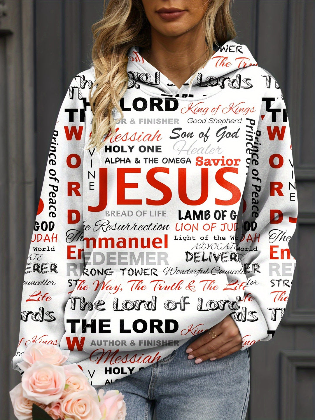 Jesus Letter Print Hoodies, Casual Kangaroo Pocket Long Sleeve Sweatshirt, Women's Clothing