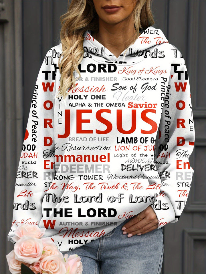 Jesus Letter Print Hoodies, Casual Kangaroo Pocket Long Sleeve Sweatshirt, Women's Clothing