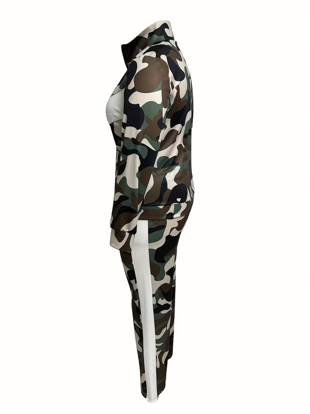 Plus Size Casual Outfits Set, Women's Plus Colorblock Camo Zip Up Long Sleeve Mock Neck Coat & Elastic Pants Outfits Two Piece Set