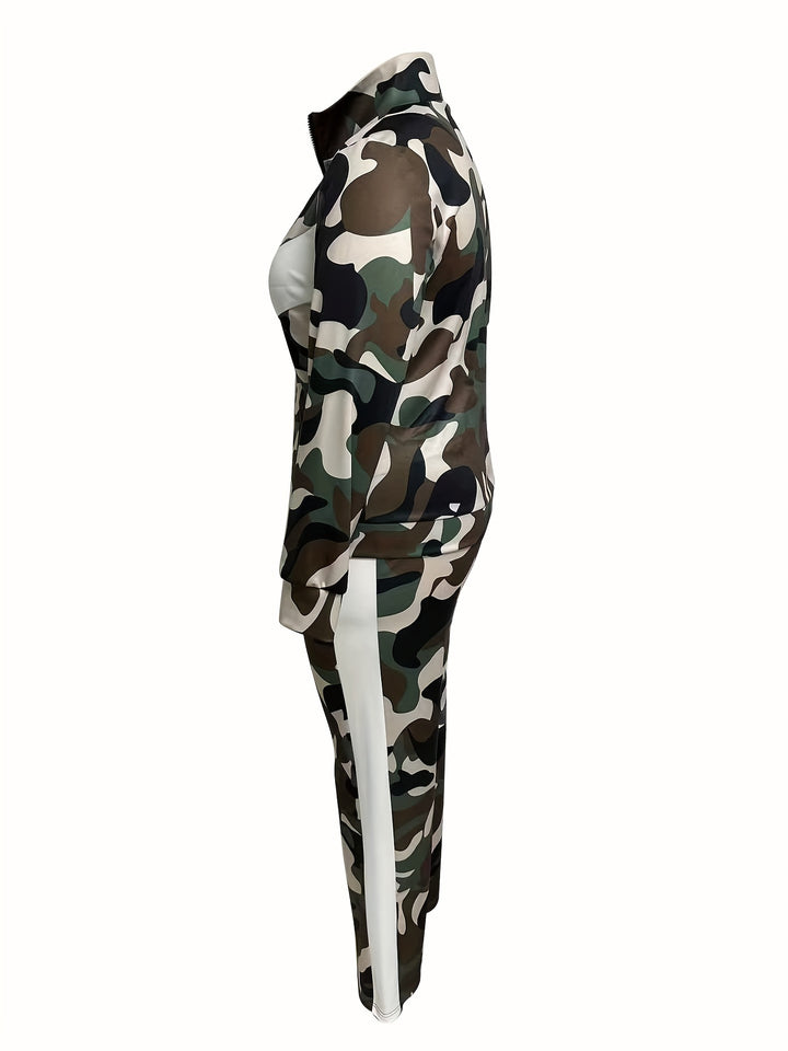 Plus Size Casual Outfits Set, Women's Plus Colorblock Camo Zip Up Long Sleeve Mock Neck Coat & Elastic Pants Outfits Two Piece Set