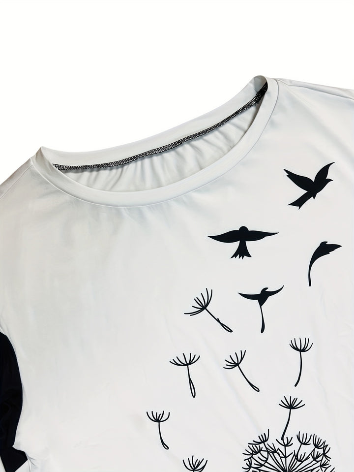 Plus Size Casual Outfits Set, Women's Plus Dandelion & Bird Print Long Sleeve Round Neck Top & Stripe Print Skirt Outfits 2 Piece Set