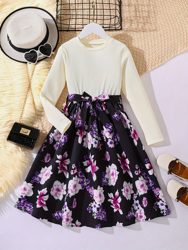 Girls Long Sleeves Round Neck Flowers Splicing Belted Dress For Party Kids Spring Clothes