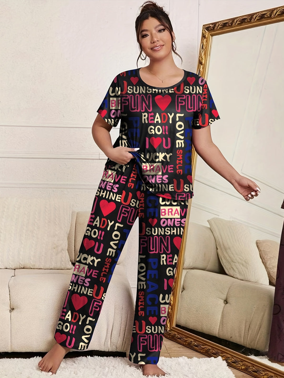 Plus Size Casual Pajama Set, Women's Plus Heart & Letter Print Short Sleeve Round Neck T-shirt & Pants Comfort Pajama Two Piece Set
