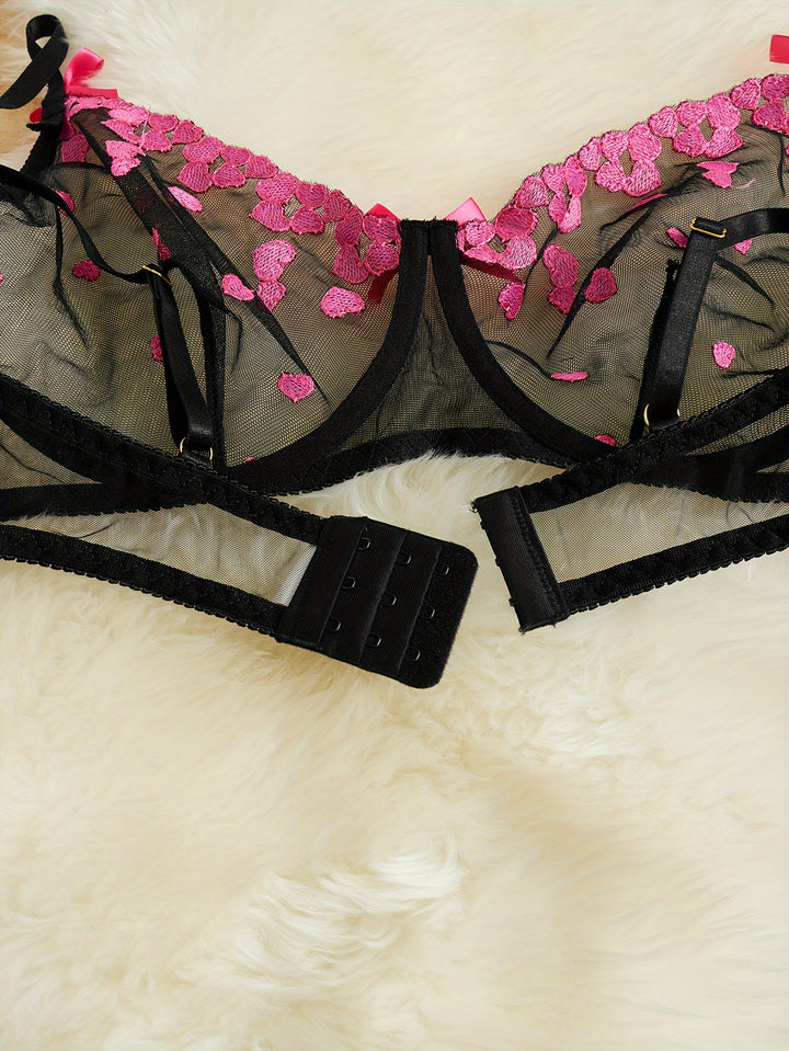Women's Valentine's Day Sexy Lingerie Set, Plus Size Heart Embroidered Bow Decor Sheer Mesh Bra & Thong Lingerie 2 Piece Set