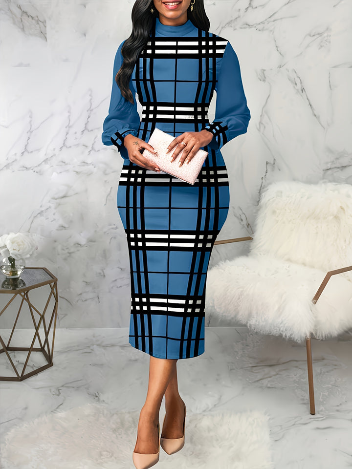 Elegant Plaid Print Dress for Women, Slim Fit Mock Neck Knee-length Dress with Long Sleeves, Perfect for Spring and Fall