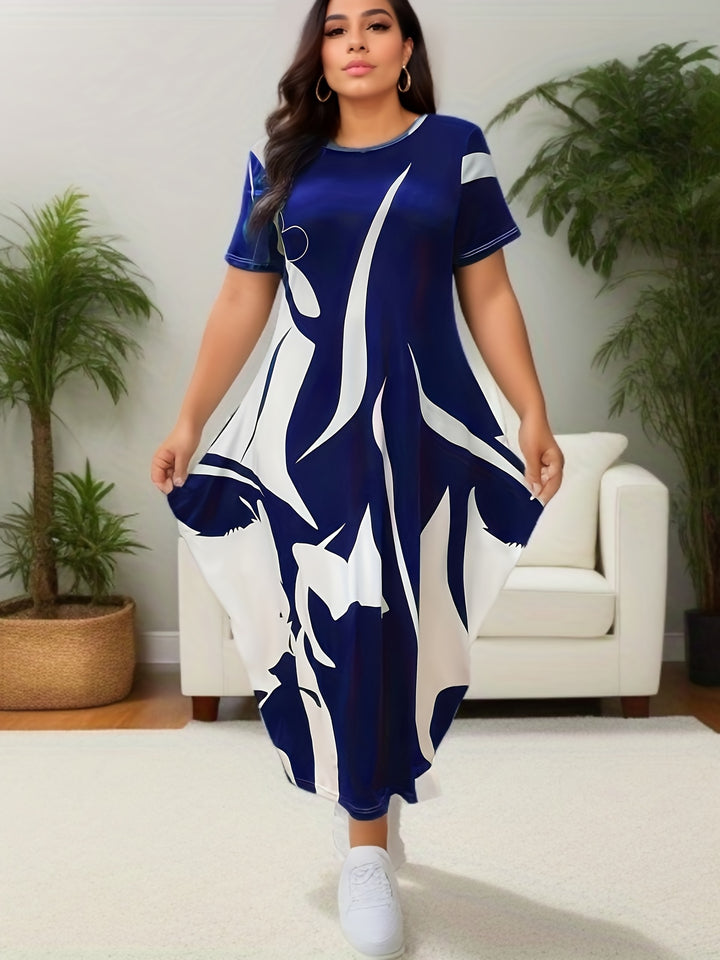 Plus Size Elegant Dress, Women's Plus Abstract Print Short Sleeve Round Neck Baggy Dress