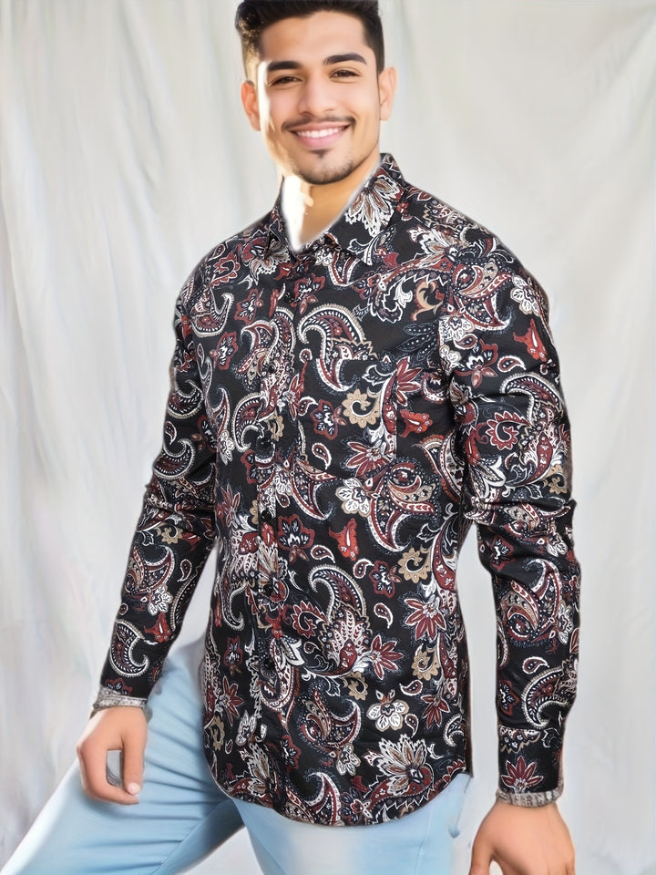 Stylish Paisley Pattern Men's Long Sleeve Button Up Shirt For Spring Fall, Men's Banquet Dress, Gift For Men
