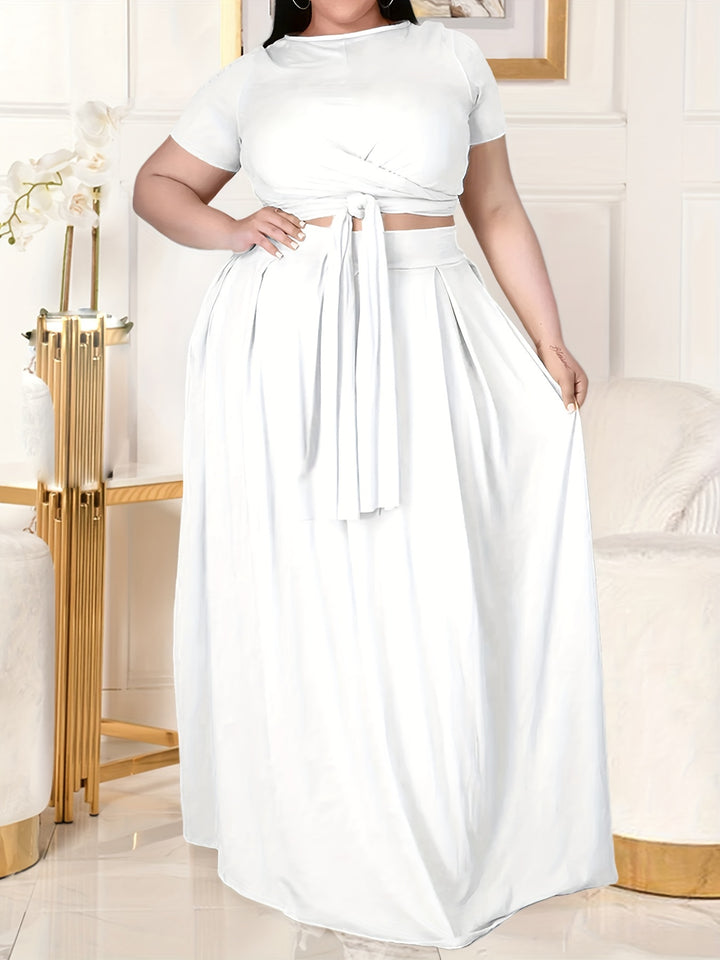 Plus Size Casual Outfits Set, Women's Plus Plain Short Sleeve Crop Top Side Knot & Maxi Skirt Outfits Two Piece Set