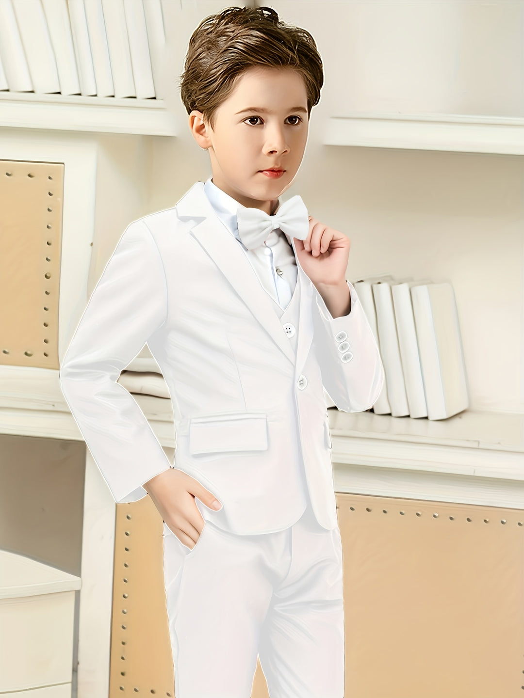 5pcs Boys Formal Gentleman Outfits Long Sleeve White Blazer&Bowtie&Shirt&Pants&Vest, Kids Clothing Set For Competition Performance Wedding Banquet Dress