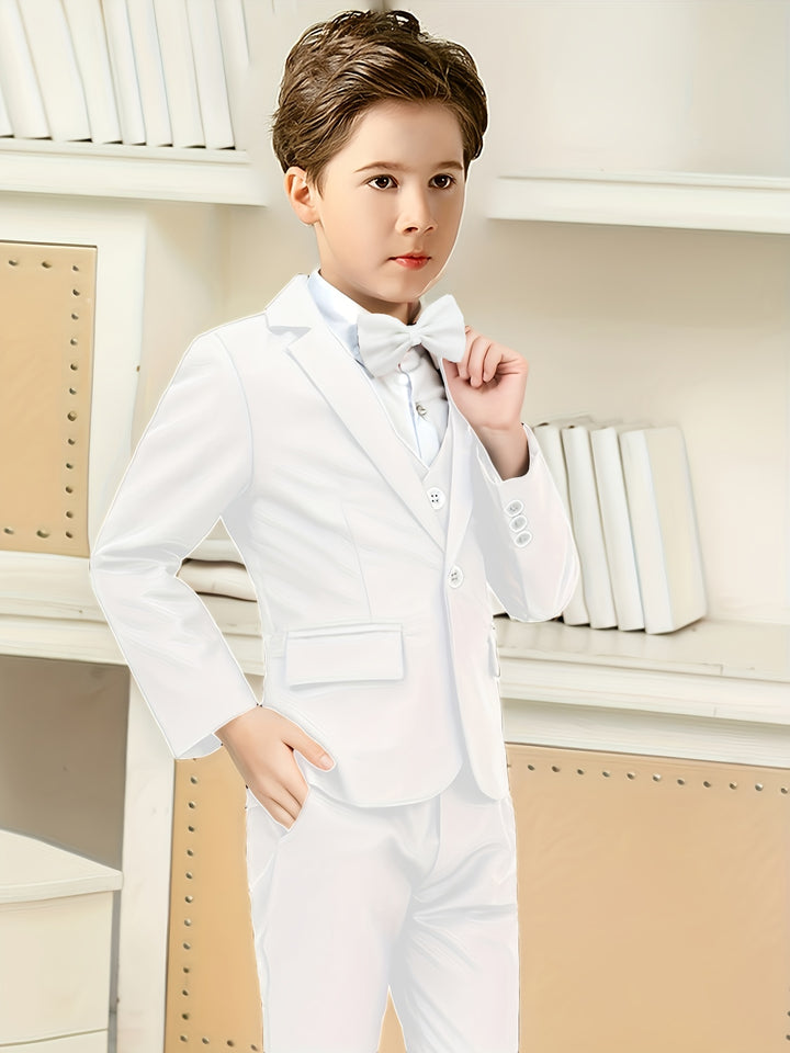 5pcs Boys Formal Gentleman Outfits Long Sleeve White Blazer&Bowtie&Shirt&Pants&Vest, Kids Clothing Set For Competition Performance Wedding Banquet Dress