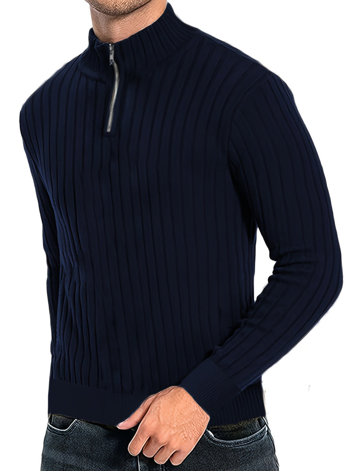 Ribbed Knitted Half Zipper Sweater, Men's Casual Warm Slightly Stretch Stand Collar Pullover Sweater For Men Fall Winter