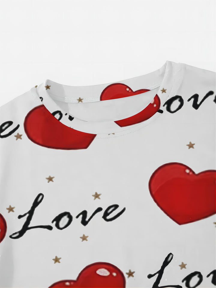 Plus Size Heart Print Top, Casual Crew Neck Long Sleeve Top, Women's Plus Size Clothing