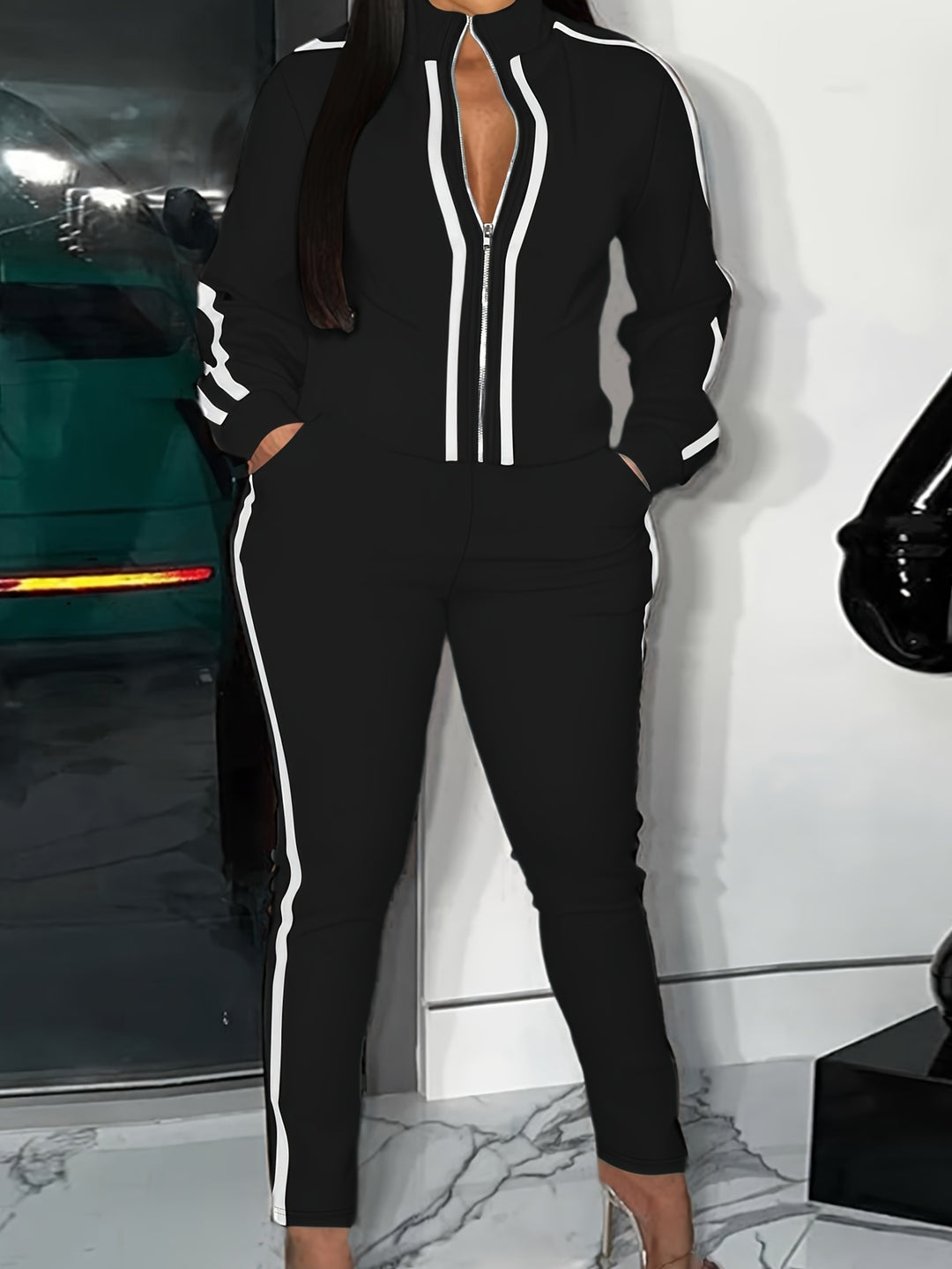 Plus Size Casual Outfits Two Piece Set, Women's Plus Stripe Print Zip Up Long Sleeve High Neck Jacket & Pants Outfits 2 Piece Set