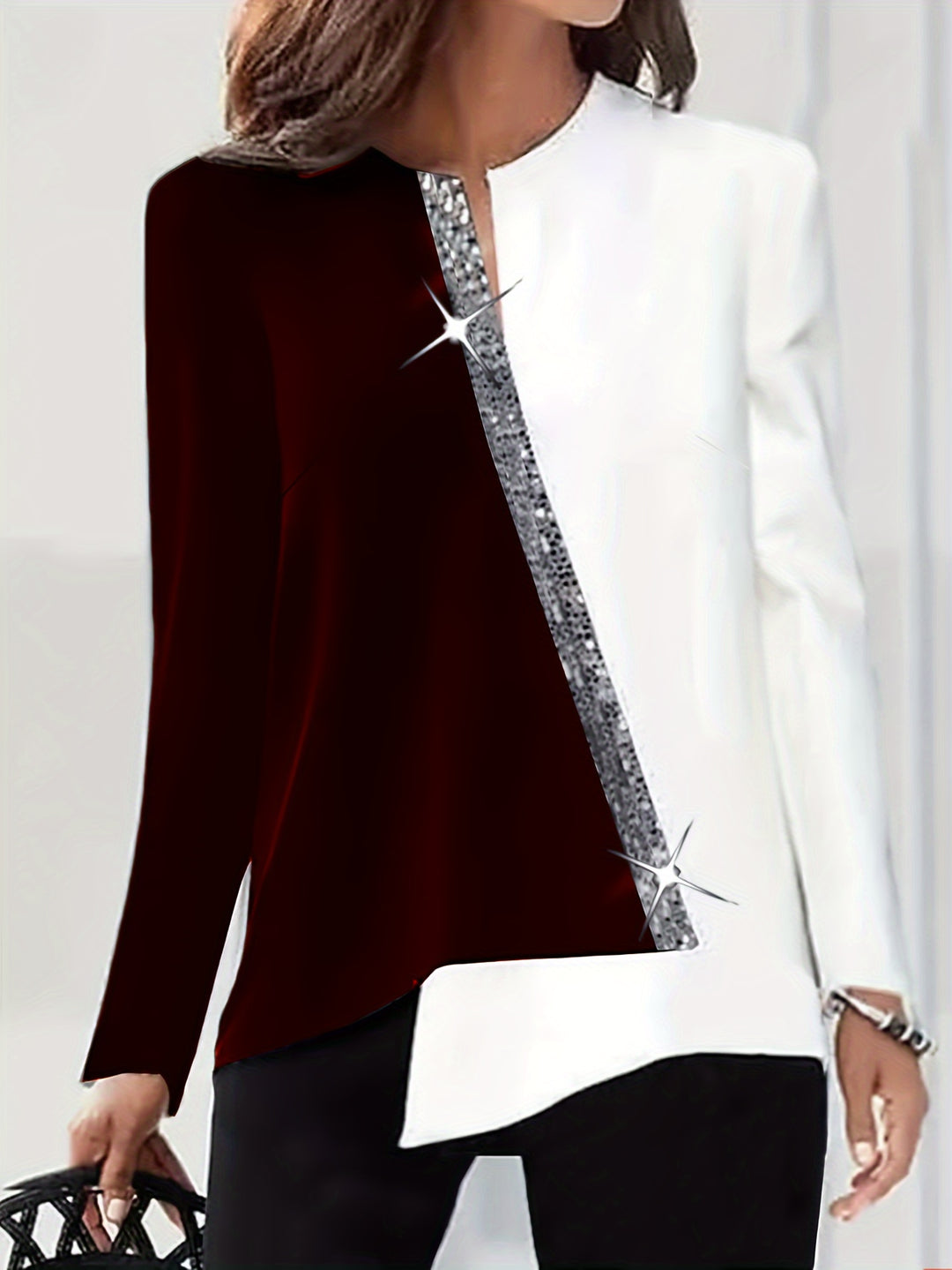 Plus Size Casual Blouse, Women's Plus Colorblock Sequin Notched Neck Long Sleeve Asymmetrical Hem Top