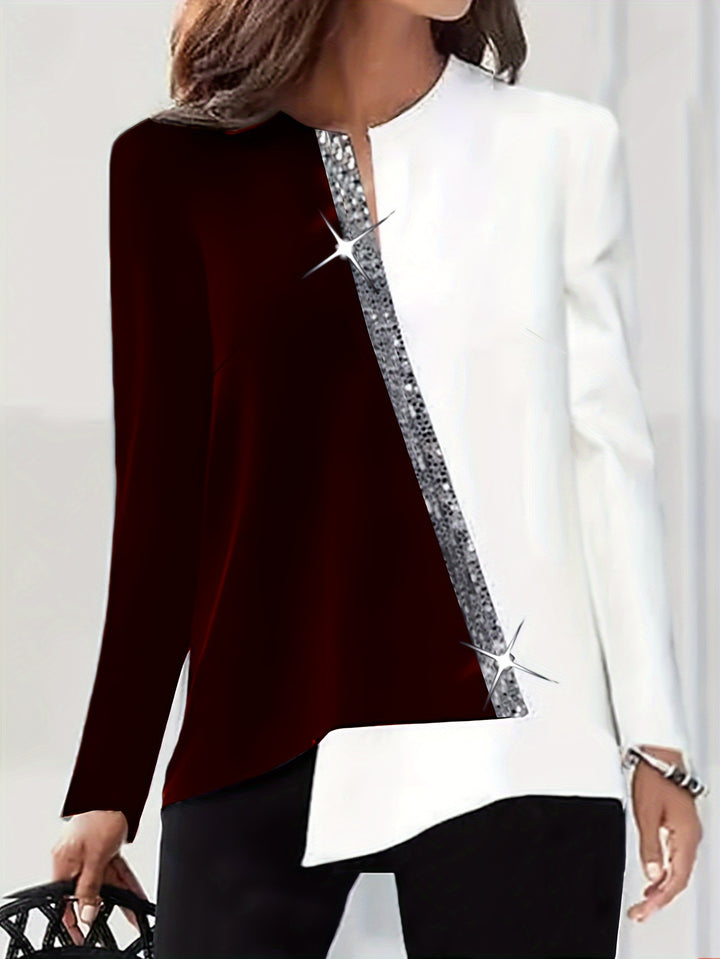 Plus Size Casual Blouse, Women's Plus Colorblock Sequin Notched Neck Long Sleeve Asymmetrical Hem Top