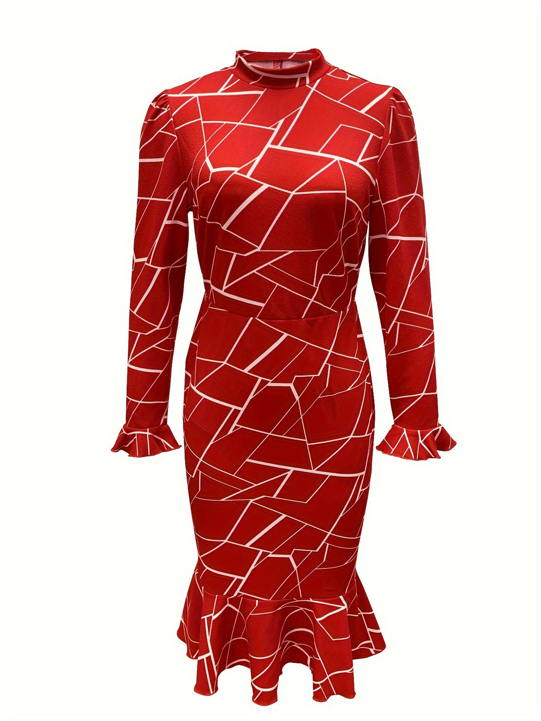 Women's Elegant Dress, Plus Size Geometric Print Bell Sleeve Mock Neck Mermaid Dress