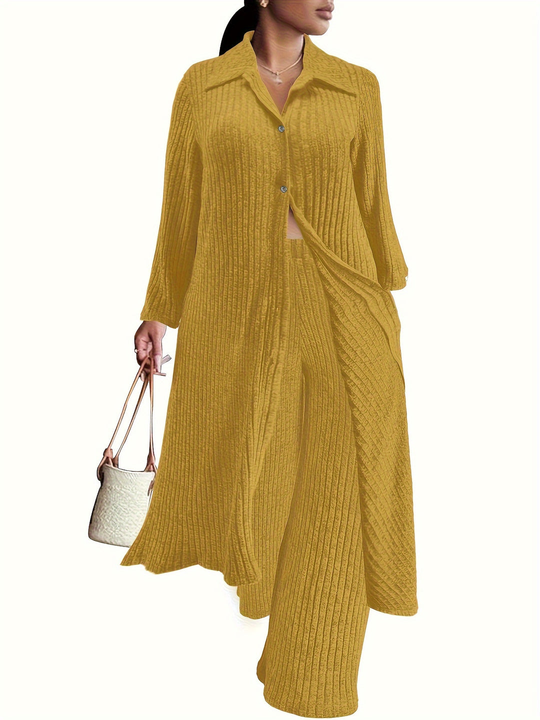 Plus Size Casual Outfits Two Piece Set, Women's Plus Solid Ribbed Button Up Long Sleeve Polo Neck Long Blouse & Wide Leg Pants Outfits 2 Piece Set