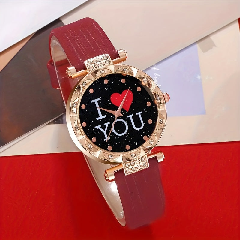 5pcs/set Women's Watch I Love You Heart Quartz Watch Luxury Rhinestone Analog Wrist Watch & Jewelry Set, Gift For Her