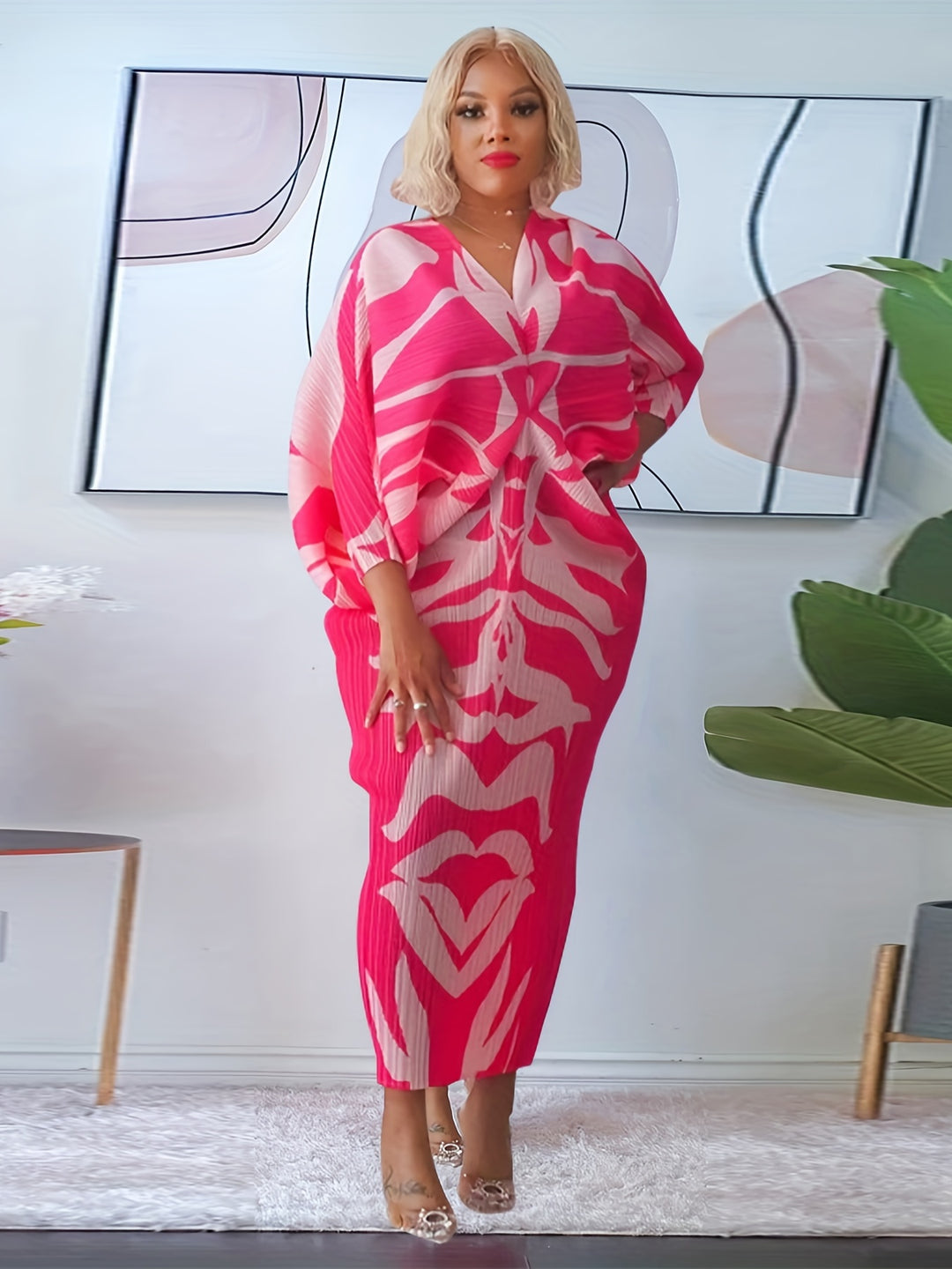 Color Block Batwing Sleeve Dress, Casual V Neck Bodycon Maxi Dress, Women's Clothing