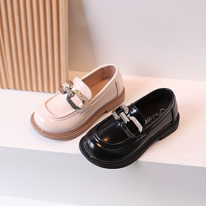 Girls Solid Color Slip On Loafer Shoes With Metallic Decor, Children's Anti-skid Soft Sole Flat Shoes