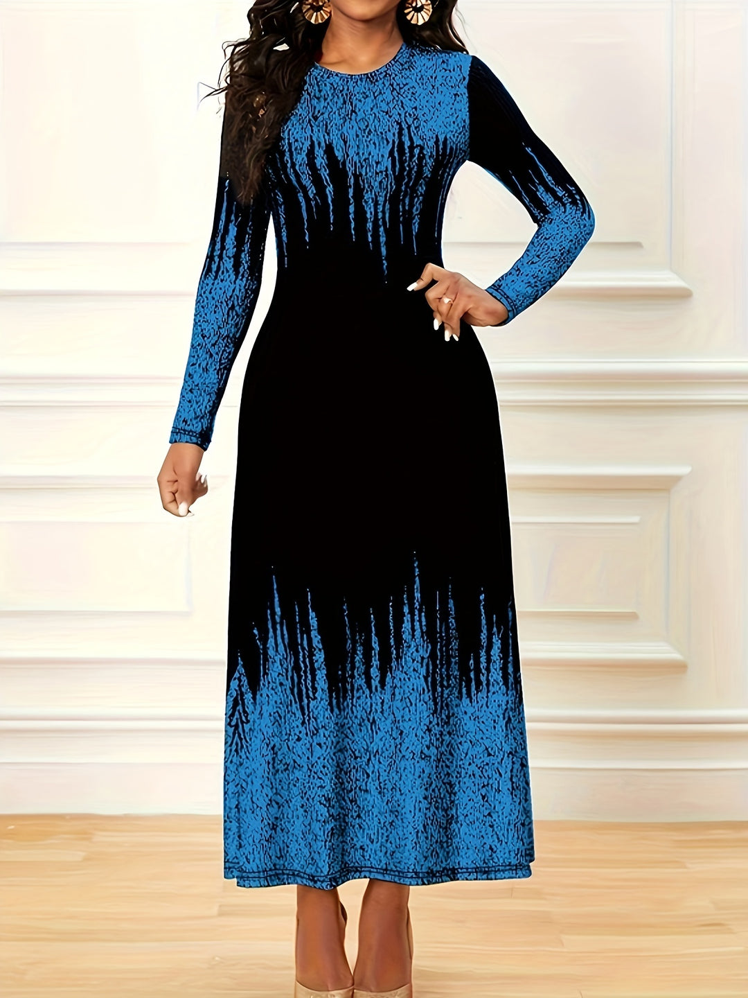 Stylish Plus Size Maxi Dress for Women - Colorblock Ombre Print and Long Sleeves