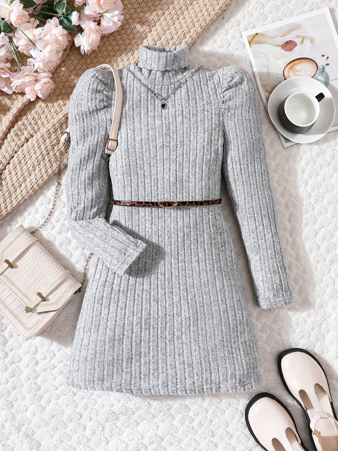 Elegant Ribbed Knit Dress With Belt, Girls, High Neck Long Sleeve Dresses For Autumn / Winter, Gift, Party, Girls' Clothing