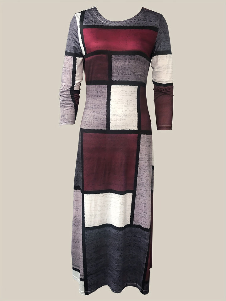 Patchwork Print Maxi Dress, Casual Crew Neck Long Sleeve Dress, Women's Clothing