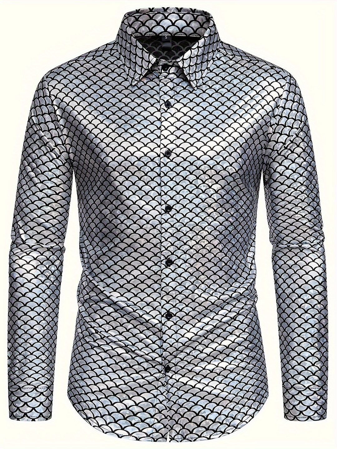 Fish Scales Sequin Men's Trendy Long Sleeve Button Up Shirt, Spring Fall, Party Dress