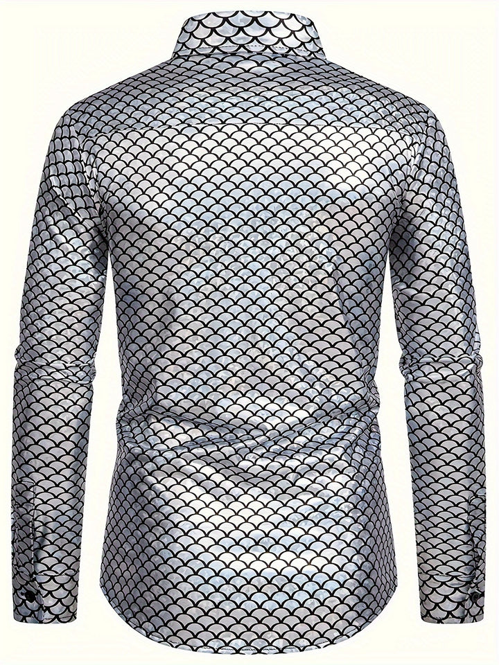 Fish Scales Sequin Men's Trendy Long Sleeve Button Up Shirt, Spring Fall, Party Dress