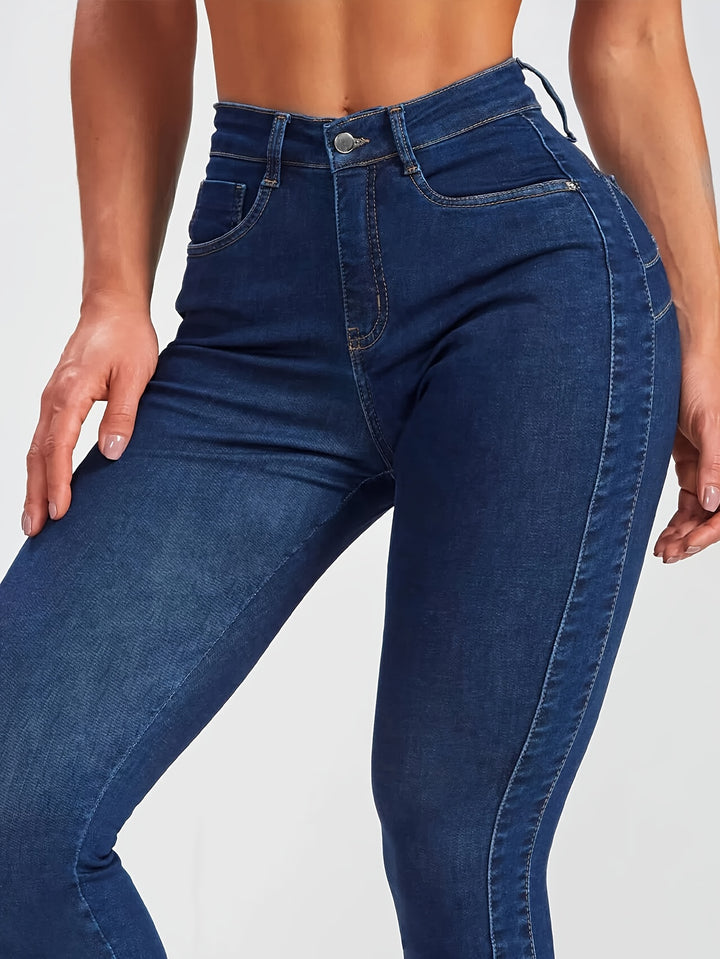 Women's High Waist Stretchy Skinny Leg Jeans, Solid Butt Lifting Denim Pants, Classic Side Patchwork Jeans