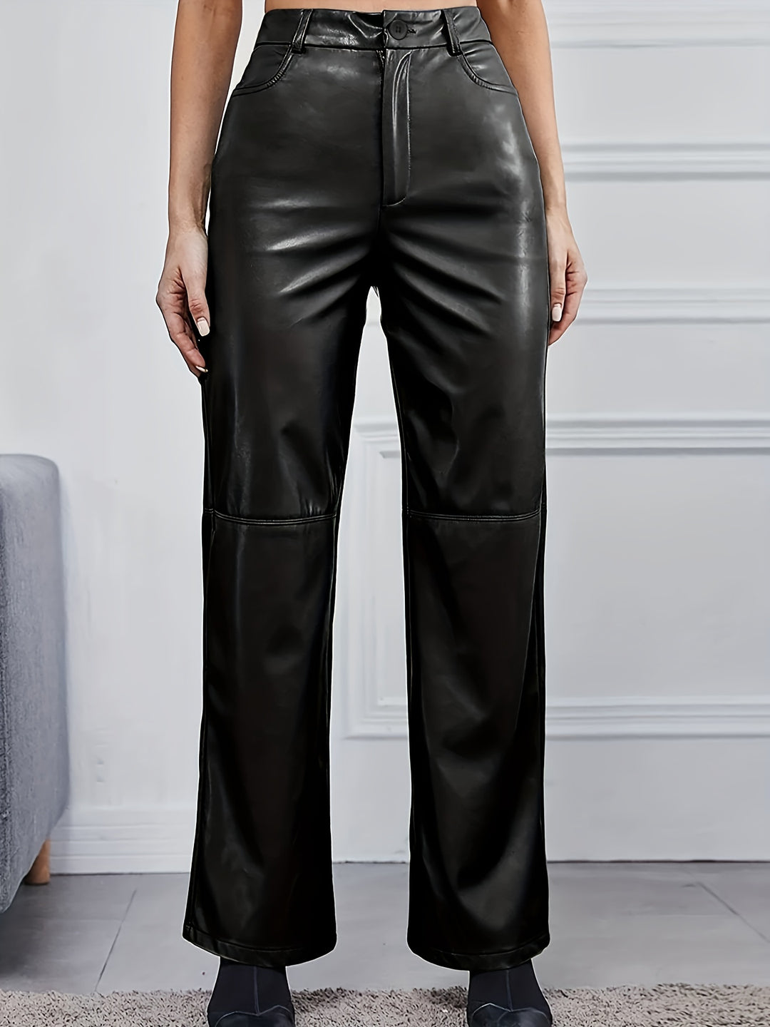 PU Leather Straight Leg Pants, Casual Pocket High Waist Pants, Women's Clothing