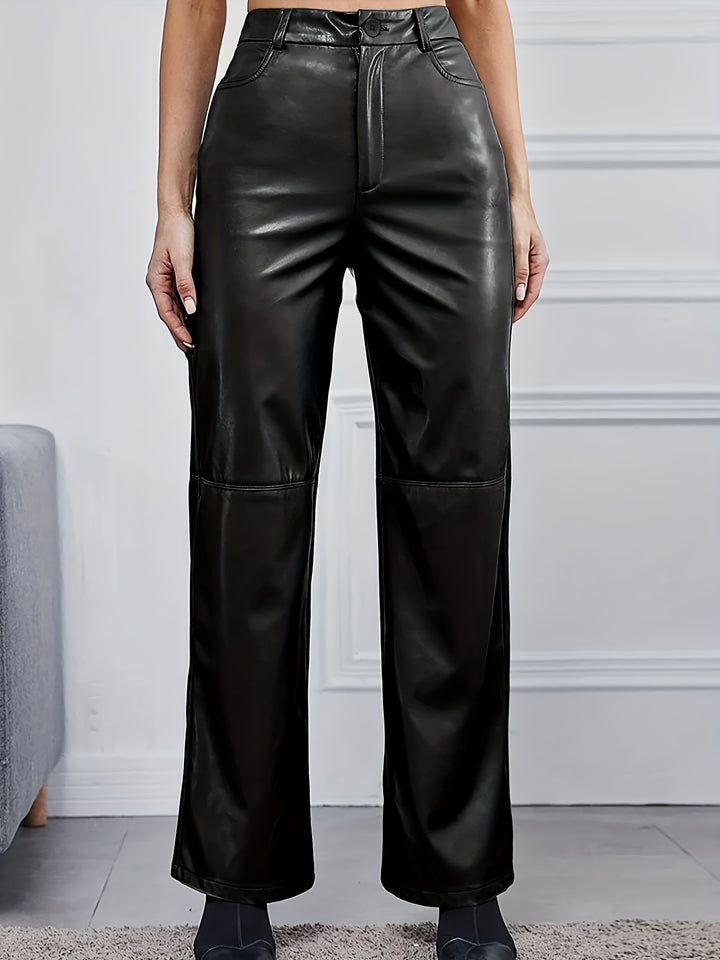 PU Leather Straight Leg Pants, Casual Pocket High Waist Pants, Women's Clothing
