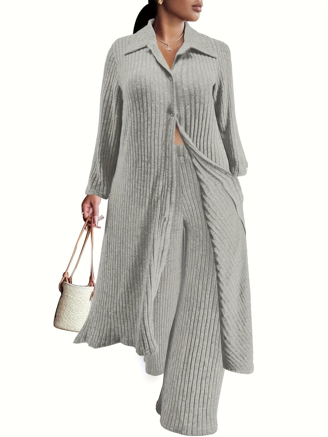 Plus Size Casual Outfits Two Piece Set, Women's Plus Solid Ribbed Button Up Long Sleeve Polo Neck Long Blouse & Wide Leg Pants Outfits 2 Piece Set