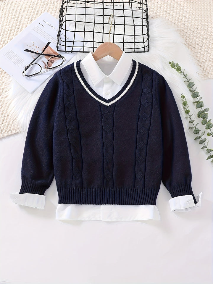 Kid's Preppy Style V-neck Sweater, Cable Knit Pullover, Casual Long Sleeve Top, Boy's Clothes For Spring Fall Winter, As Christmas Gift