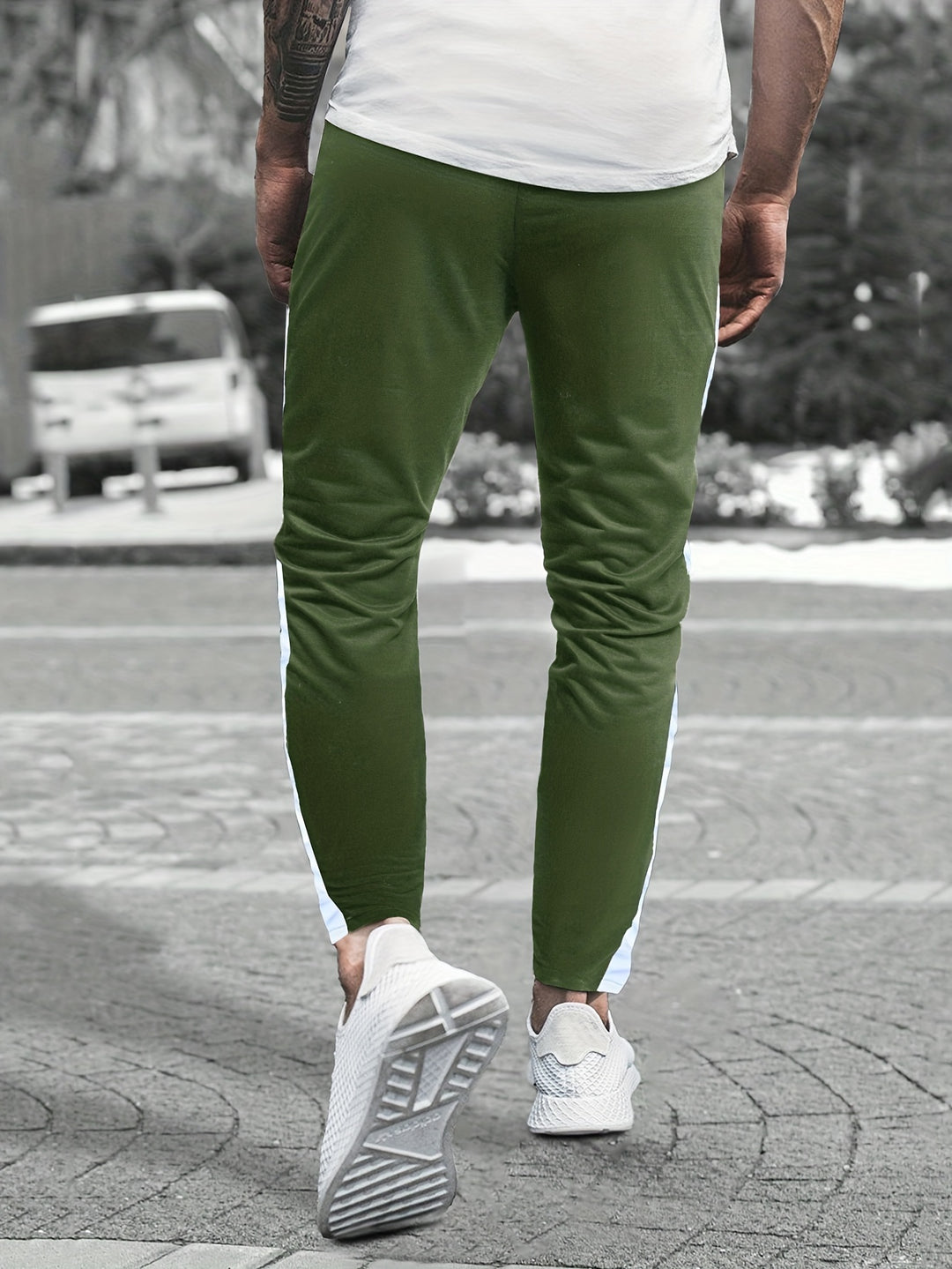 Chic Side-Striped Joggers, Men's Casual Waist Drawstring Sports Pants Sweatpants