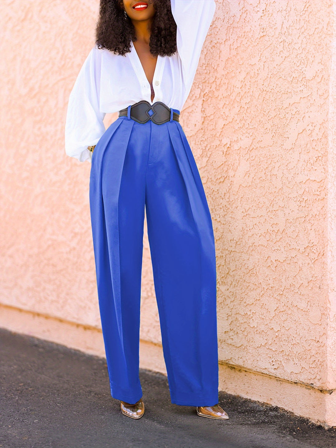Plus Size Colorblock Two-piece Set, V Neck Button Front Long Sleeve Top & Pleated Pants Outfits, Women's Plus Size Clothing