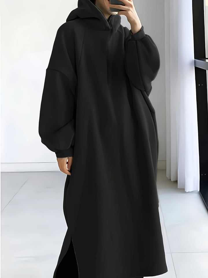 Plus Size Casual Sweatshirt Dress, Women's Plus Solid Lantern Sleeve Split Hem Maxi Hoodie Dress