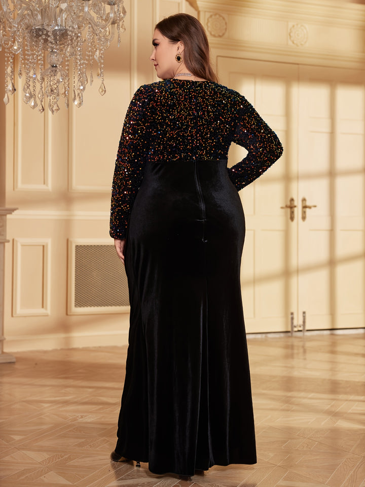 Plus Size Elegant Bridesmaid Dress, Women's Plus Shiny Sequin Long Sleeve Round Neck Mermaid Hem Bodycon Party Dress