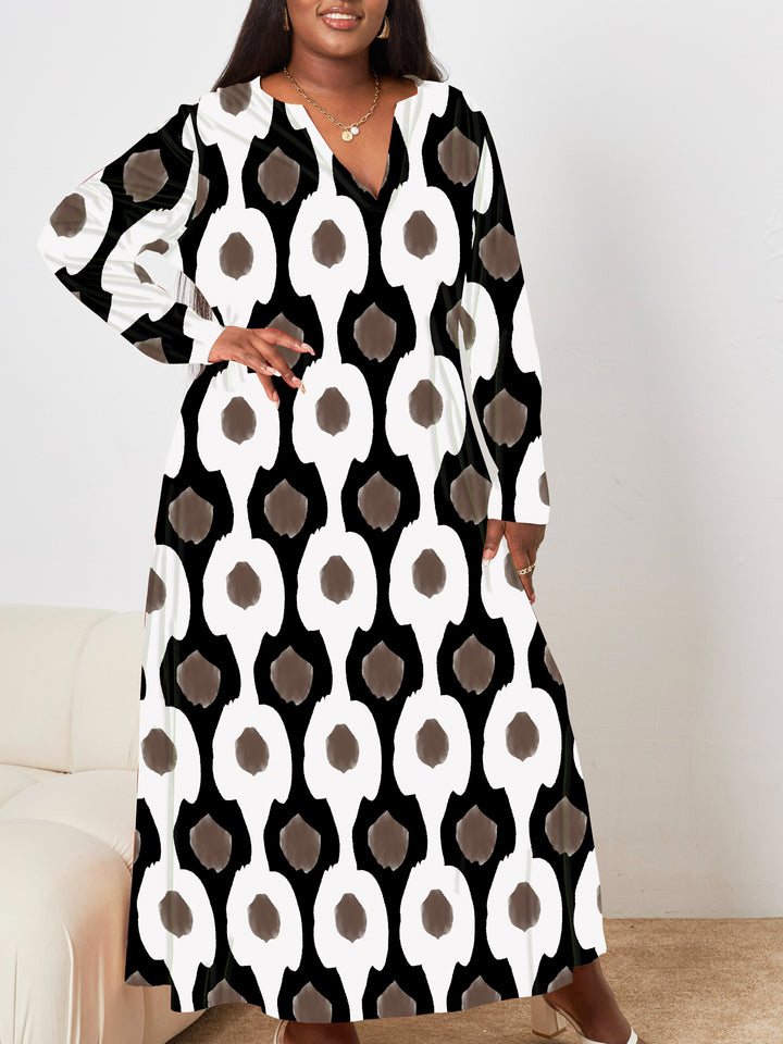 Plus Size Casual Dress, Women's Plus Allover Print Long Sleeve V Neck Split Hem Loose Fit Maxi Dress